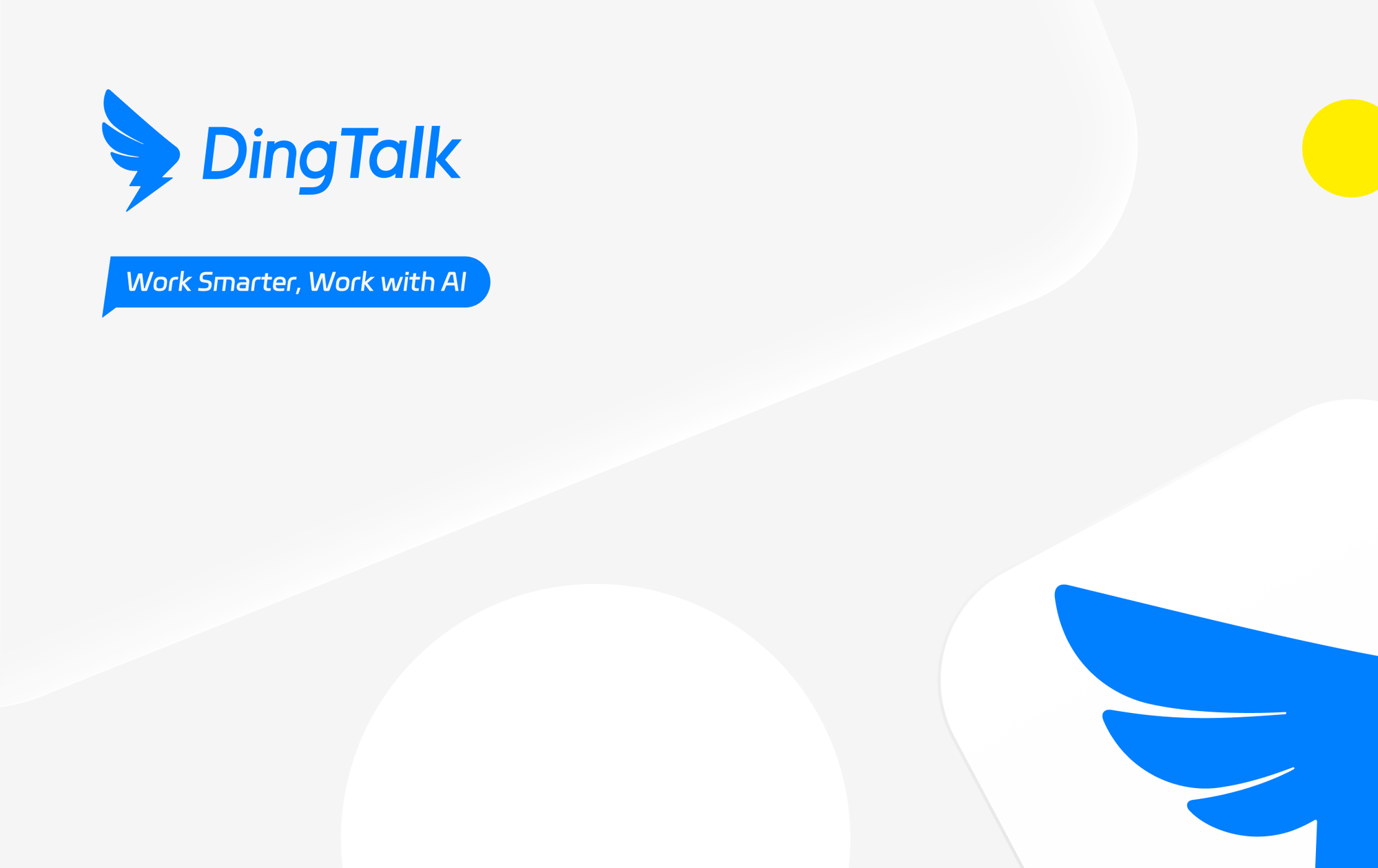 DingTalk 品牌视觉封面，Work Smarter, Work with AI 标语与蓝色羽翼